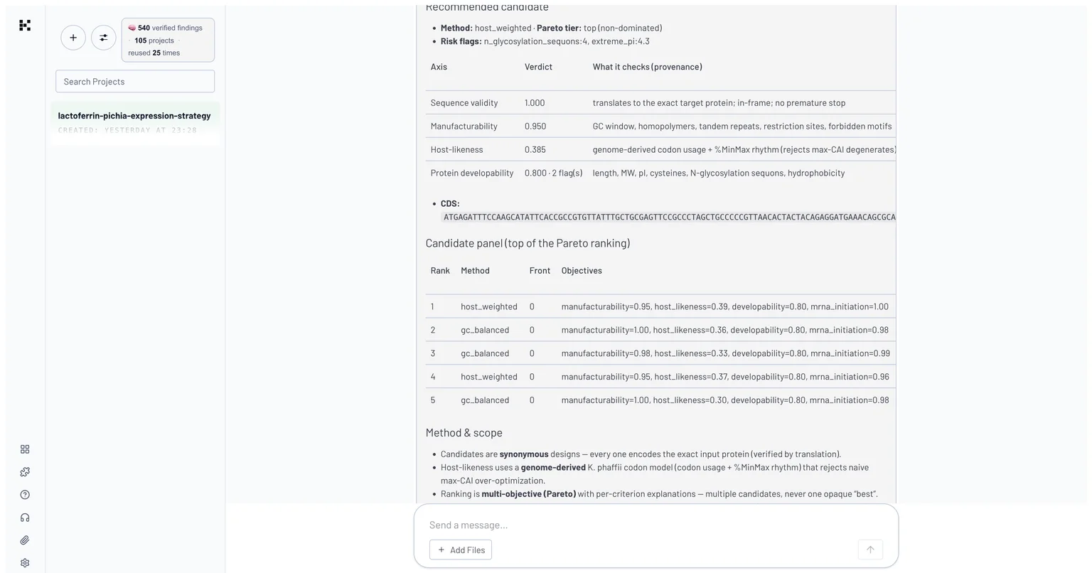 Kairos design panel: the recommended candidate's per-axis verdict table and the Pareto-ranked candidate panel